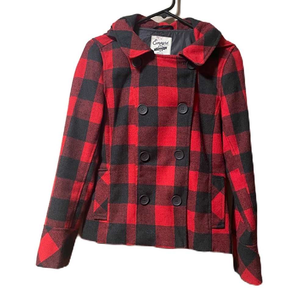 EMPYRE Sz M Cropped Buffalo Check Wool Blend Jacket Plaid Lumber Jack Jill Hood